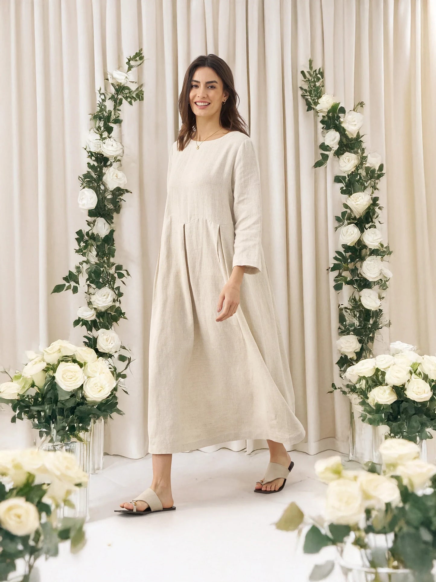Lieke – 100% Linnen Plissé Maxi Jurk met Boothals