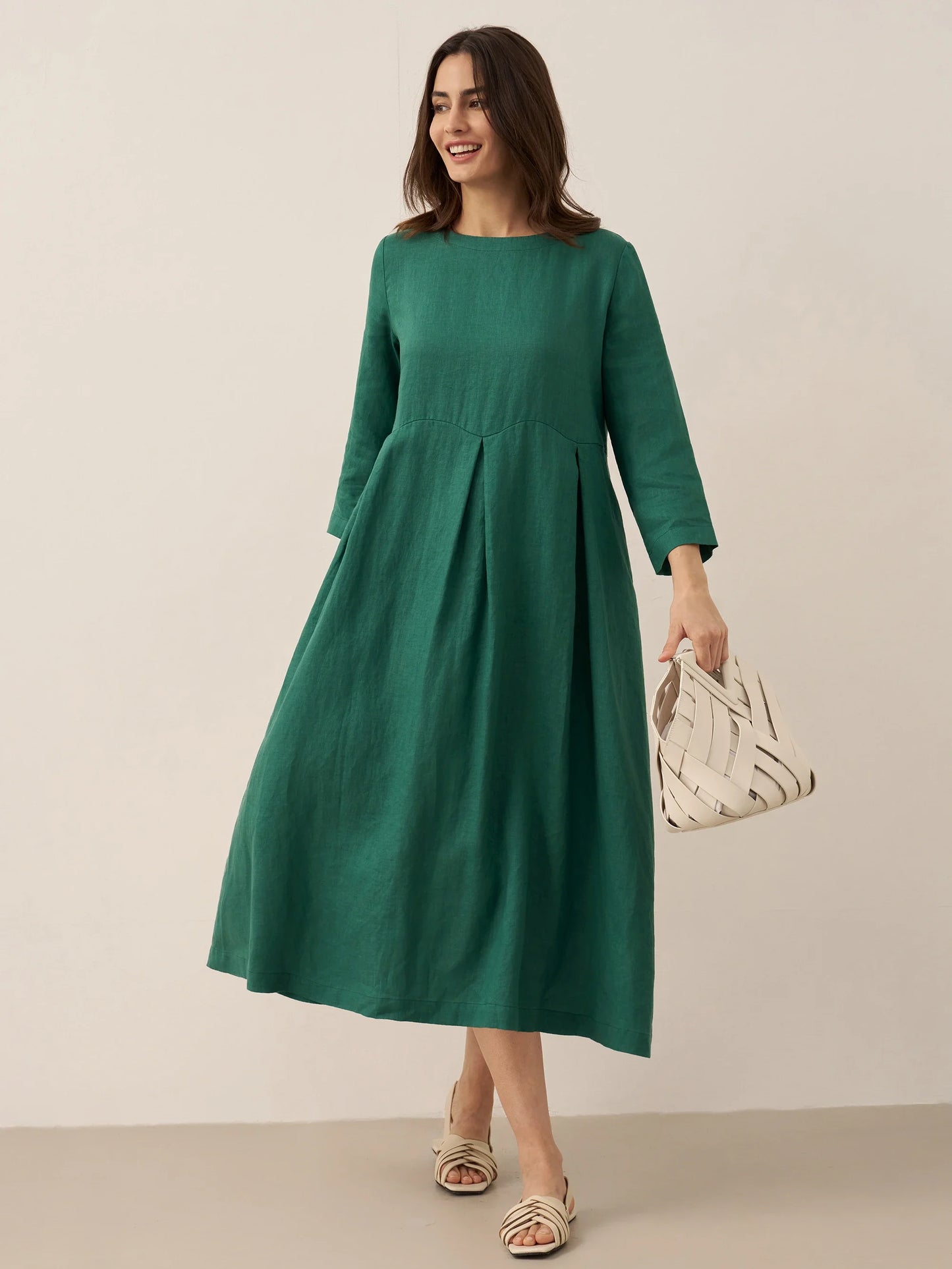 Lieke – 100% Linnen Plissé Maxi Jurk met Boothals