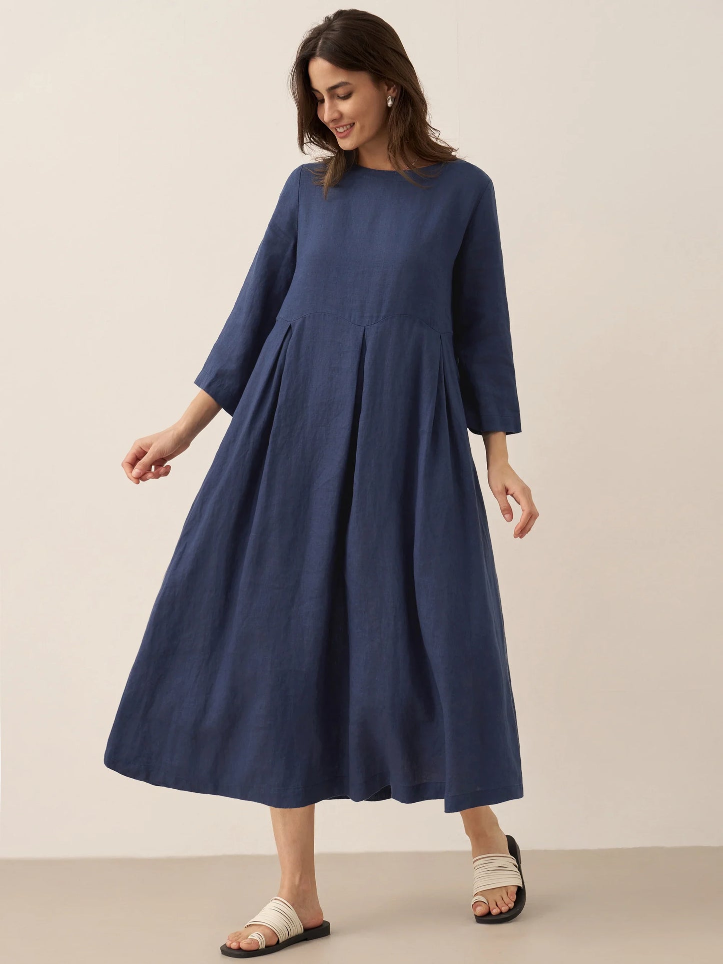Lieke – 100% Linnen Plissé Maxi Jurk met Boothals