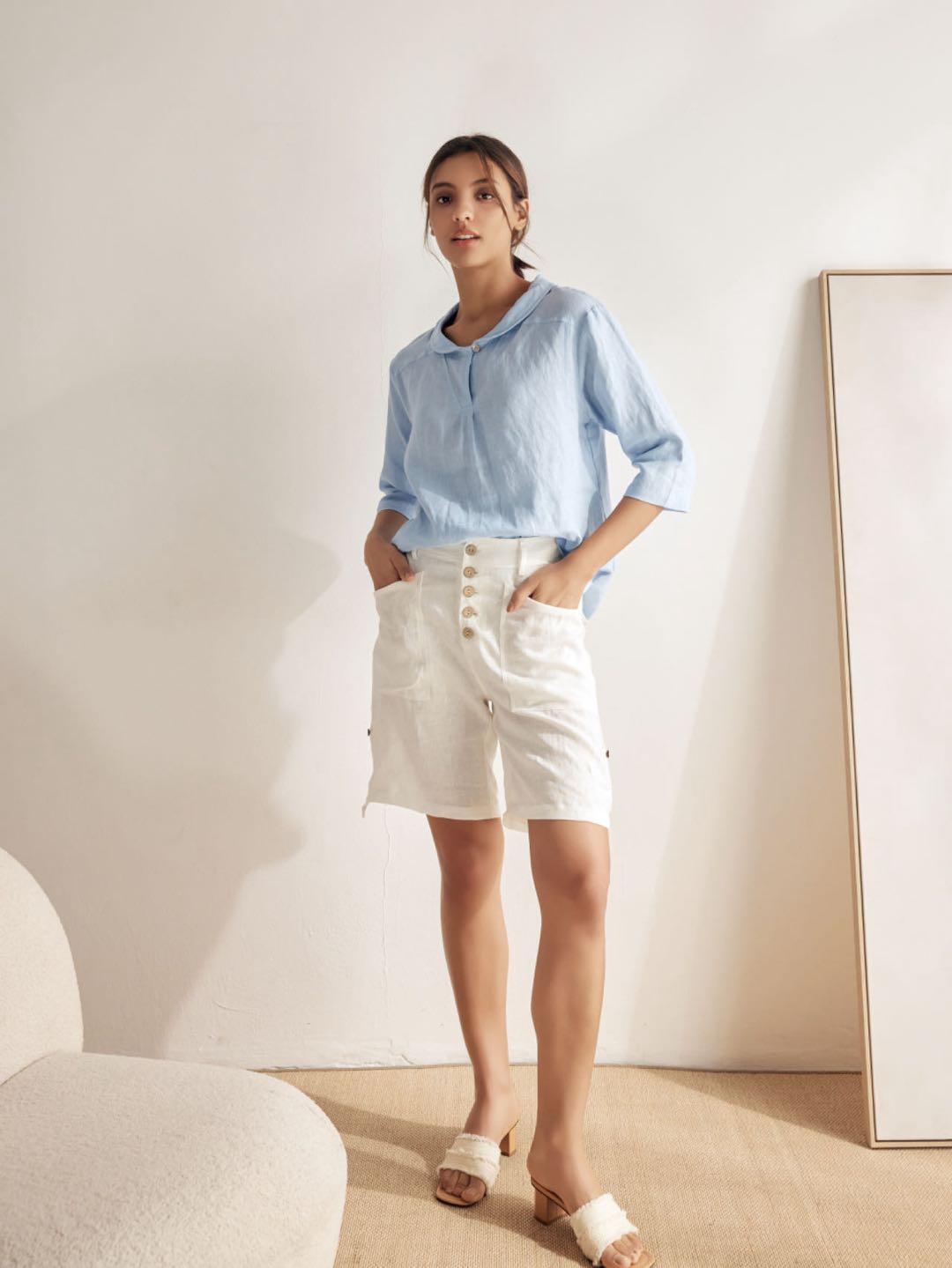 Jade – Linnen Zomerse V-Hals Top met Halve Mouwen