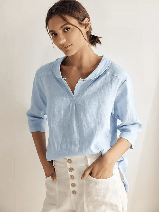 Jade – Linnen Zomerse V-Hals Top met Halve Mouwen