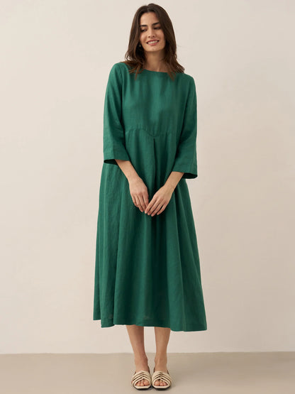 Lieke – 100% Linnen Plissé Maxi Jurk met Boothals