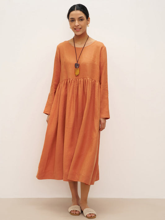 Dany - Linnen jurk met mouwen en taille-ruches