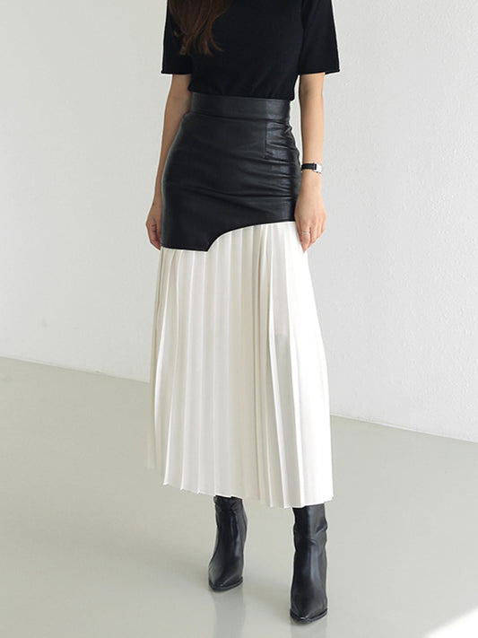 Noor - Asymmetrische Patchwork Midi Rok van Imitatieleer en Chiffon