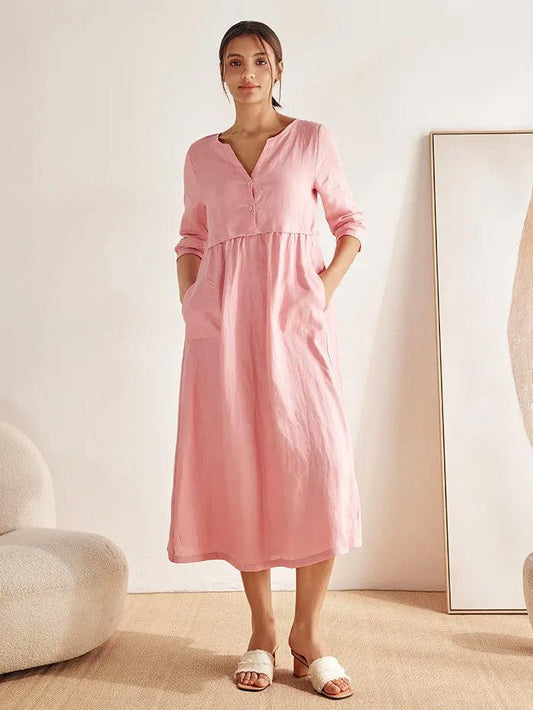 Luna - Linnen Maxi Jurk met Knoopdetail en Tailleplooien